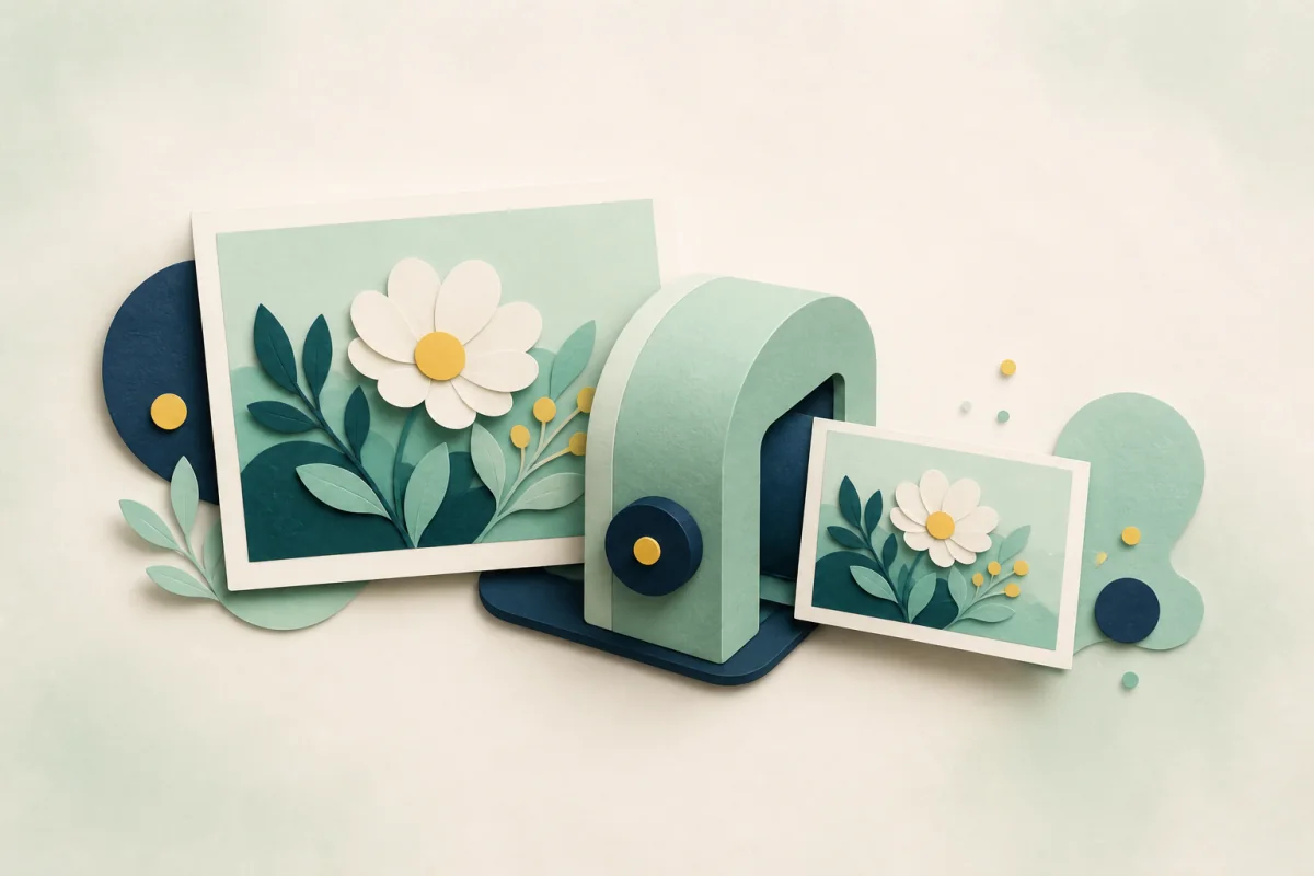 A large flower image passing through a press and emerging as a smaller image.