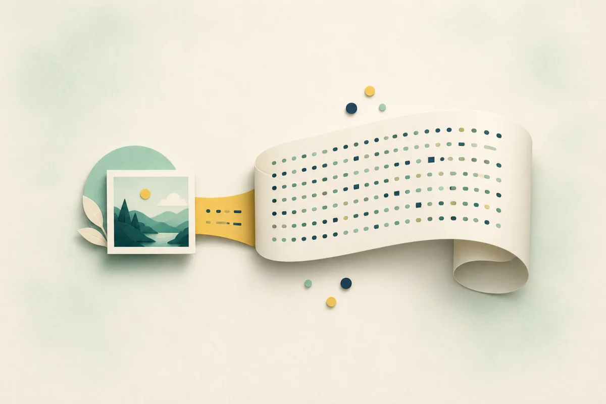 A small image unfolding into a much longer ribbon of Base64-style data.