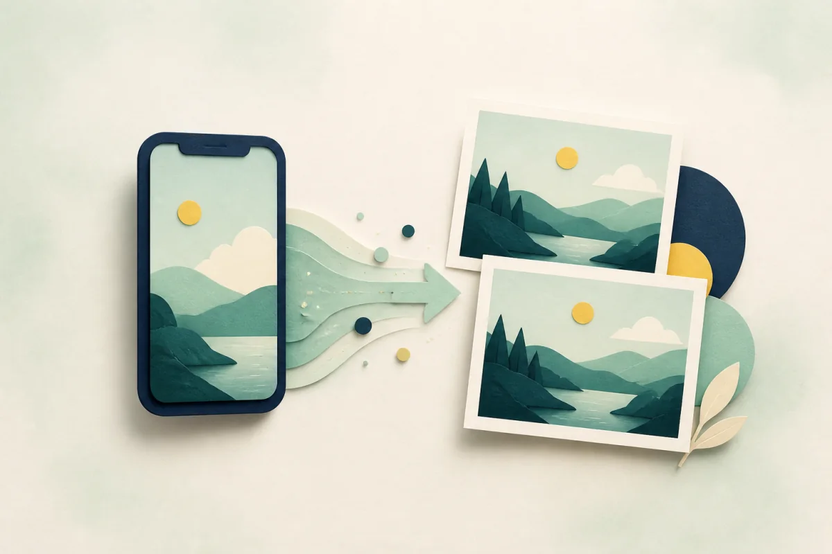 A paper-cut illustration of an iPhone photo becoming two easy-to-share photo cards.