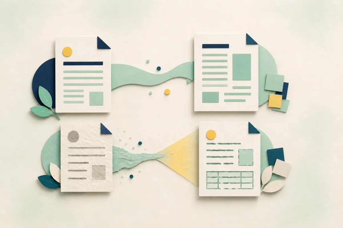 A digital PDF and scanned page taking different paths into editable documents.