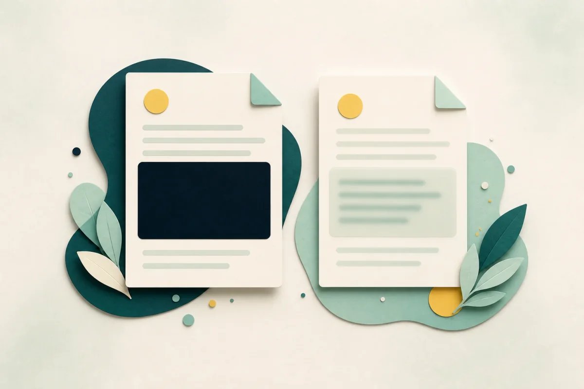 A document with information fully covered beside a document whose blurred information remains visible.