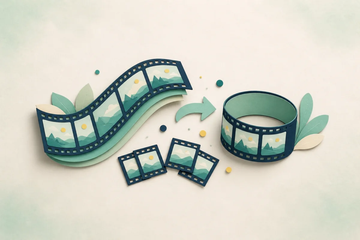 A long video filmstrip becoming a shorter looping strip with fewer frames.