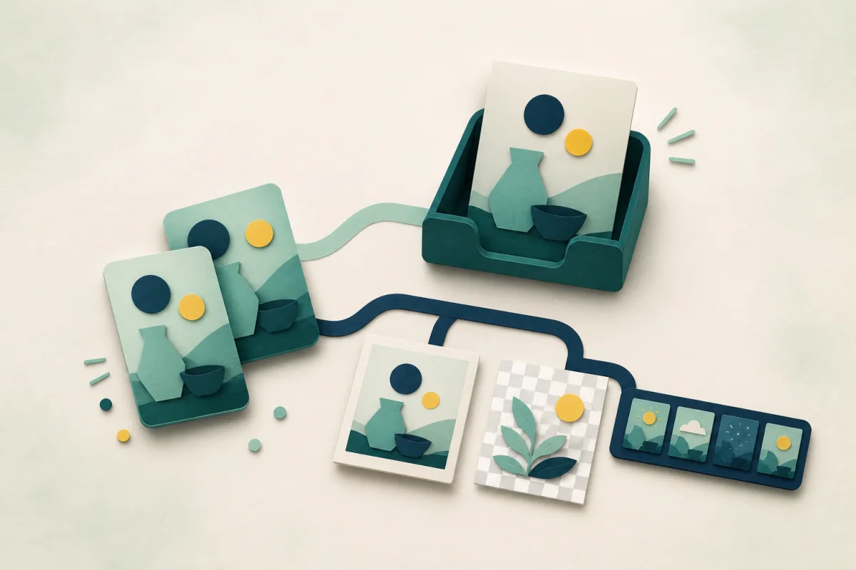 Modern image cards branching into a photo copy, transparent graphic, and frame strip.